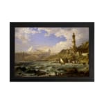 Vintage coastal wall art with waves, a lighthouse, and mountains. hung on the wall