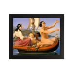 Vintage wall art of an elegant boat scene with people, floral details, and calm water. hung on the wall
