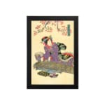 Vintage Japanese woman wall art with cherry blossoms in soft pink, wearing a purple kimono on a beige background. hung on the wall