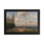 Vintage wall art of a coastal town with sailing ships, historic buildings, and soft blue sky by Infidu. hung on the wall