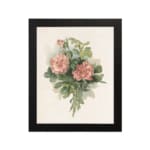 Infidu vintage pink floral wall art with two pink flowers and green leaves on a beige background in a black frame. hung on the wall