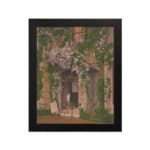 Cozy house with ivy and blooming vines, vintage wall art with soft beige walls, a chair, a table, and purple flowers. hung on the wall