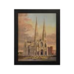 Majestic cathedral at sunset with pointed spires and warm-toned sky in vintage wall art design. hung on the wall