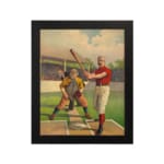 Infidu vintage wall art featuring a classic baseball scene with a batter, catcher, and judge in period uniforms on a vibrant field. hung on the wall on a white background