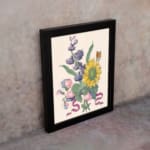 Infidu vintage wall art featuring a vibrant sunflower with soft blue and pink flowers, green leaves, and a delicate butterfly. displayed on the wall art in a black frame