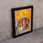 Vintage wall art of the Virgin Mary protecting people under her cloak in earthy tones. displayed on the wall