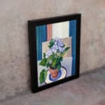 Vintage wall art with potted purple flowers and terracotta pot on a blue and white plate, set against a soft geometric background. displayed on the wall