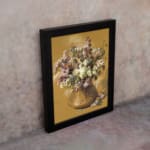 Vintage floral bouquet in a golden vase on a yellow background. displayed on the wall