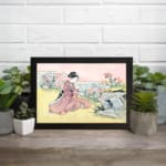 Infidu vintage wall art featuring a graceful Japanese woman in a traditional kimono with intricate patterns and soft colors. displayed on the wall art in a black frame