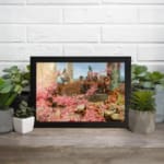 Vintage garden scene with pink flowers, classical figures, and elegant background from Infidu wall art collection. displayed on the wall