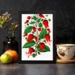 Infidu vintage wall art of red bell-shaped flowers with green leaves on a white background, framed in black. displayed on the wall