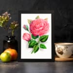 Vintage wall art with a pink rose in full bloom, a rosebud, and green leaves on a white background with a black frame. displayed on the wall