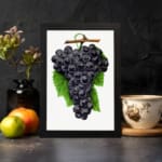 Vintage wall art print of dark purple grapes with green leaves on a white background. displayed on the wall