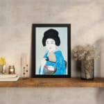 Vintage wall art of a graceful Japanese woman in a soft-toned kimono holding a fan. displayed on the wall