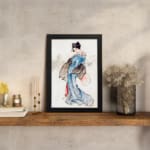 Vintage wall art of a Japanese woman in a soft blue kimono with a fan, styled with calm brush strokes and traditional details. displayed on the wall