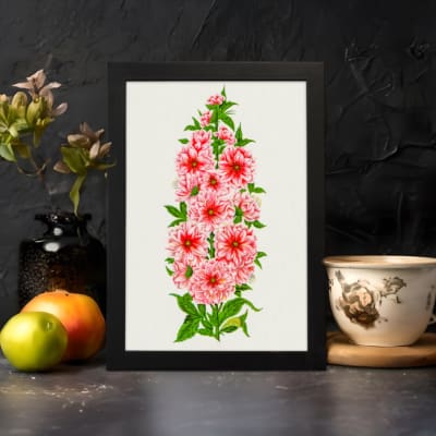 Vintage botanical wall art of pink flowers with red centers and green leaves on a soft off-white background. displayed on the wall