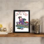Vintage wall art of a Japanese woman in a purple kimono beneath cherry blossoms. displayed on the wall