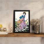 Elegant East Asian woman in floral attire with soft botanical background in vintage wall art print. displayed on the wall