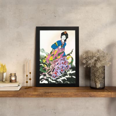 Elegant East Asian woman in floral attire with soft botanical background in vintage wall art print. displayed on the wall