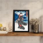 Japanese woman in black kimono with red accents, bold blue sky and red vertical banner in vintage art style. displayed on the wall
