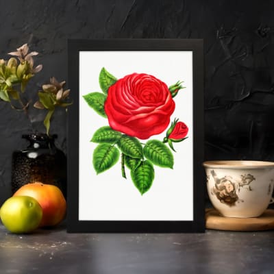 Vintage wall art of a bold red rose with green leaves on a white background, displayed on the wall