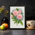Infidu vintage wall art featuring pink roses with green leaves and a soft blue watercolor background. displayed on the wall