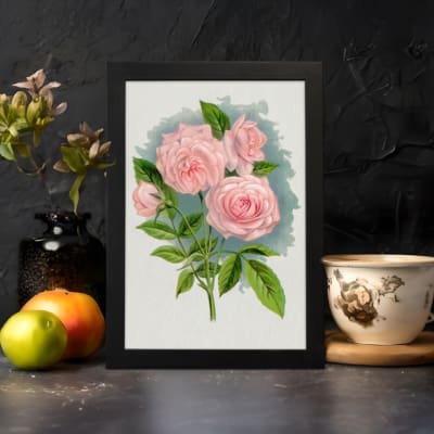 Infidu vintage wall art featuring pink roses with green leaves and a soft blue watercolor background. displayed on the wall