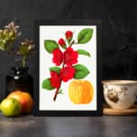 Infidu vintage wall art featuring vibrant red flowers and lush green leaves against a white background with a sleek black border. displayed on the wall art in a black frame