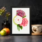 Infidu vintage wall art featuring three large flowers in purple, white, and coral pink with green leaves and a soft watercolor background. displayed on the wall