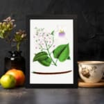 Vintage botanical wall art with soft pink and purple flowers and green leaves on a white background. displayed on the wall