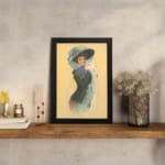 Vintage wall art of an elegant 20th-century lady in a blue hat and dark dress with a white stole on a beige background. displayed on the table