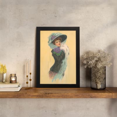 Vintage wall art of an elegant 20th-century lady in a blue hat and dark dress with a white stole on a beige background. displayed on the table