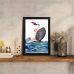 Vintage wall art of a woman riding a seashell over bold ocean waves with red and blue cloth, in a dramatic and whimsical seaside scene. displayed on the wall