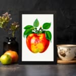 Vintage apple wall art featuring a red, yellow, and green apple with green leaves on a white background and a black frame. displayed on the wall