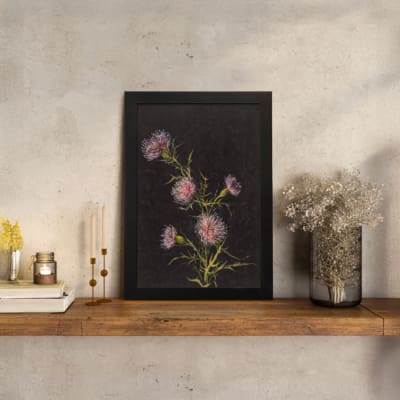 Vintage floral wall art with pink and purple flowers on black background by Infidu displayed on the wall