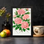 Vintage pink rose wall art with green leaves and trellis design. displayed on the wall