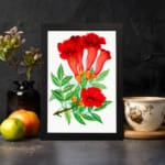 Infidu vintage wall art featuring red trumpet flowers with green leaves on a white background. displayed on the wall