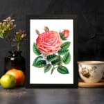 Infidu Pink Rose in Full Bloom Vintage Wall Art with detailed petals and green leaves. displayed on the wall