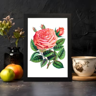 Infidu Pink Rose in Full Bloom Vintage Wall Art with detailed petals and green leaves. displayed on the wall