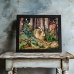 Vintage wall art of a brown rabbit sitting in a lush green forest with trees and plants in the background. displayed on the wall