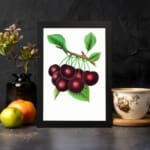 Vintage wall art with ripe red cherries and green leaves on a white background. displayed on the wall