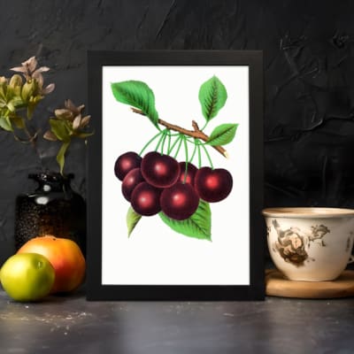 Vintage wall art with ripe red cherries and green leaves on a white background. displayed on the wall
