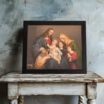 Vintage wall art of Jesus, Mary, and children in a peaceful religious family scene with warm tones and classic style. displayed on the wall