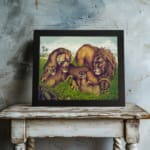Vintage wall art of a lion family relaxing in a grassy field with earthy tones and a calm, natural background. displayed on the wall