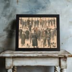 Vintage wall art print featuring classic men’s fashion in suits and hats with a soft beige background. displayed on the wall