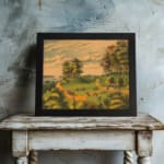 Infidu Countryside vintage wall art showing a sunset glow over winding paths, green hills, trees, people, cows, and horses by a calm river. displayed on the wall