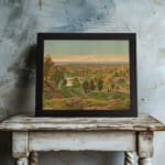 Vintage countryside wall art with soft colors, green hills, and a peaceful sky. displayed on the wall