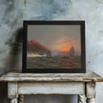Vintage wall art showing a dramatic ocean sunset with tall waves, sailing ships, glowing cliffs, and a cloudy sky. displayed on the wall