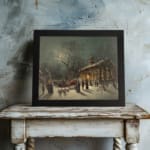 Vintage wall art of a snowy winter night with a horse-drawn sleigh, glowing lights, and people walking in front of a lit church. displayed on the wall