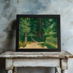 Vintage wall art of a forest path with tall green trees and earthy tones by Infidu. displayed on the wall